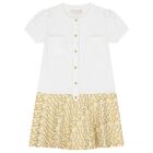 Girls White & Gold Logo Dress, 1, hi-res