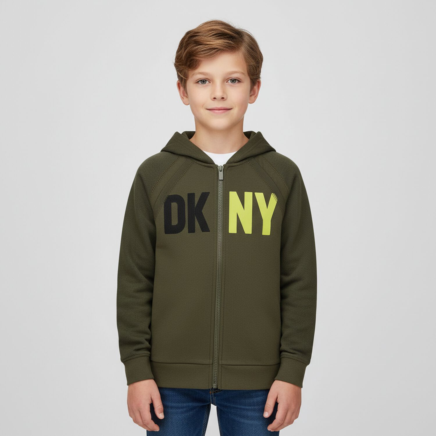 Boys Khaki Logo Hooded Zip Up Top, 2, hi-res