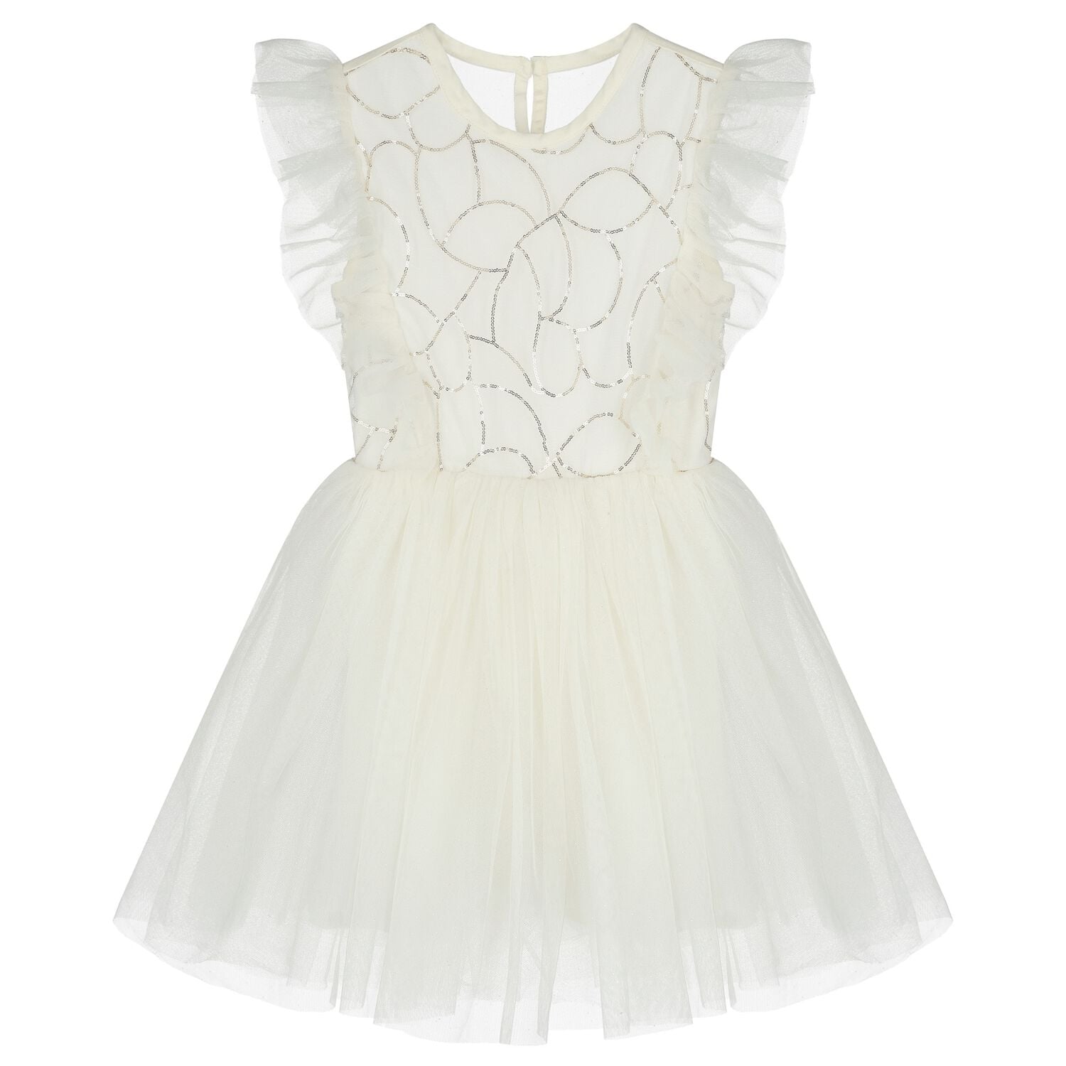 Girls White Embellished Ruffled Tulle Dress, 1, hi-res