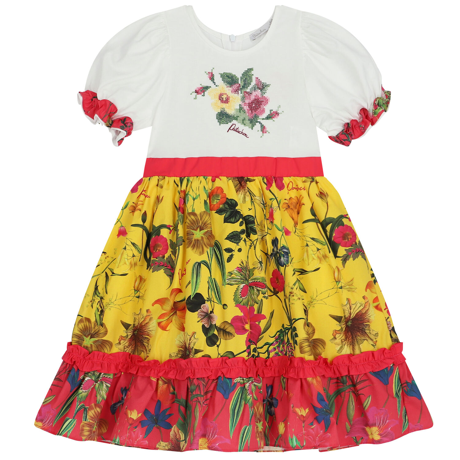 فستان بنات بالزهور باللون الابيض والاصفر, 1, hi-res