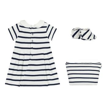 Baby Girls White & Navy Blue Striped Dress Set 
