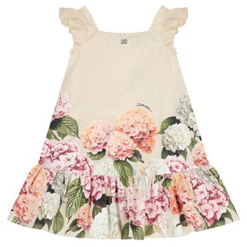 Girls Beige Floral Striped Dress