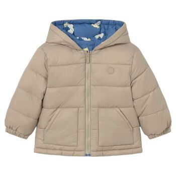 Younger Boys Beige & Blue Race Car Reversible Puffer Jacket