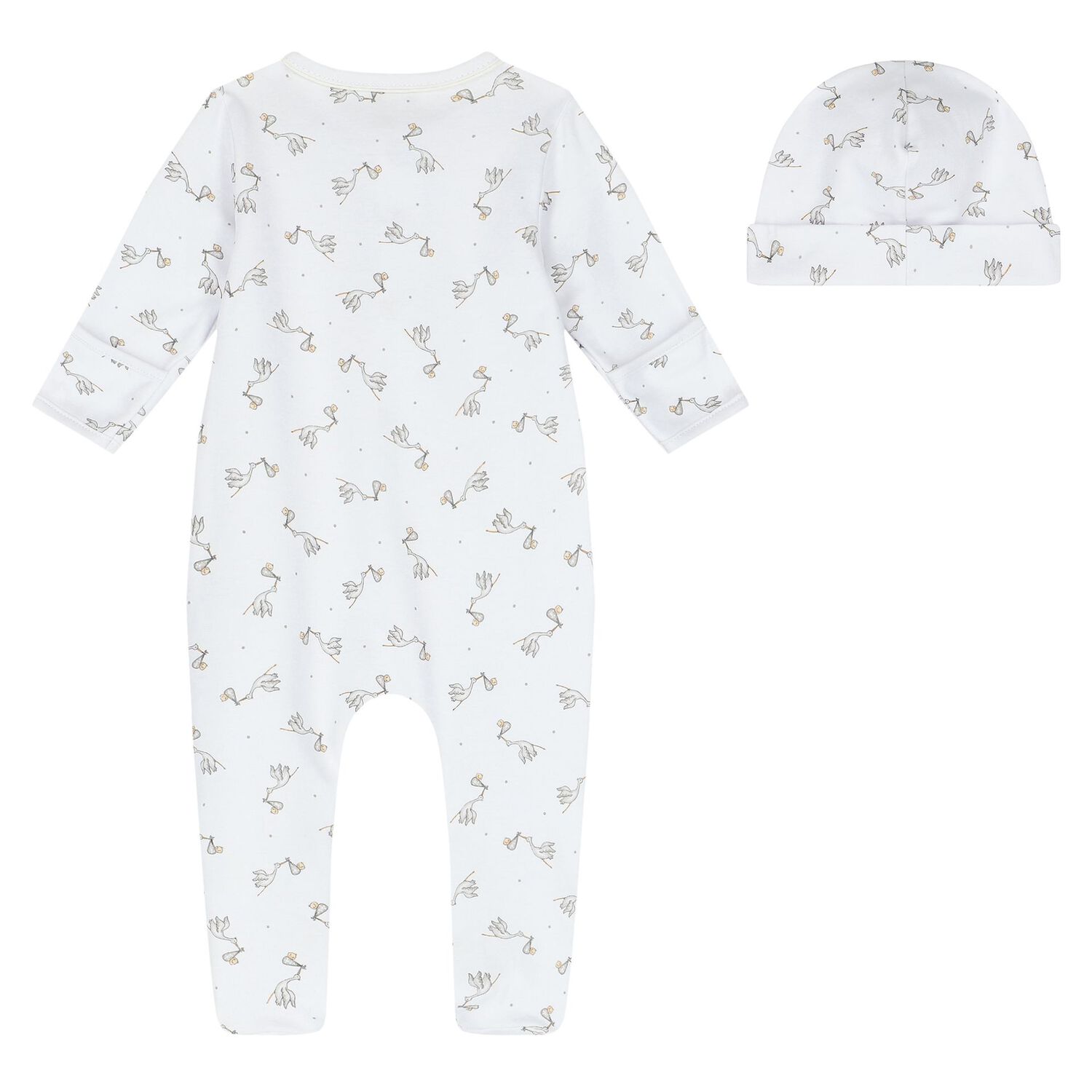 Baby White and Grey Stork Print Babygrow Set, 1, hi-res