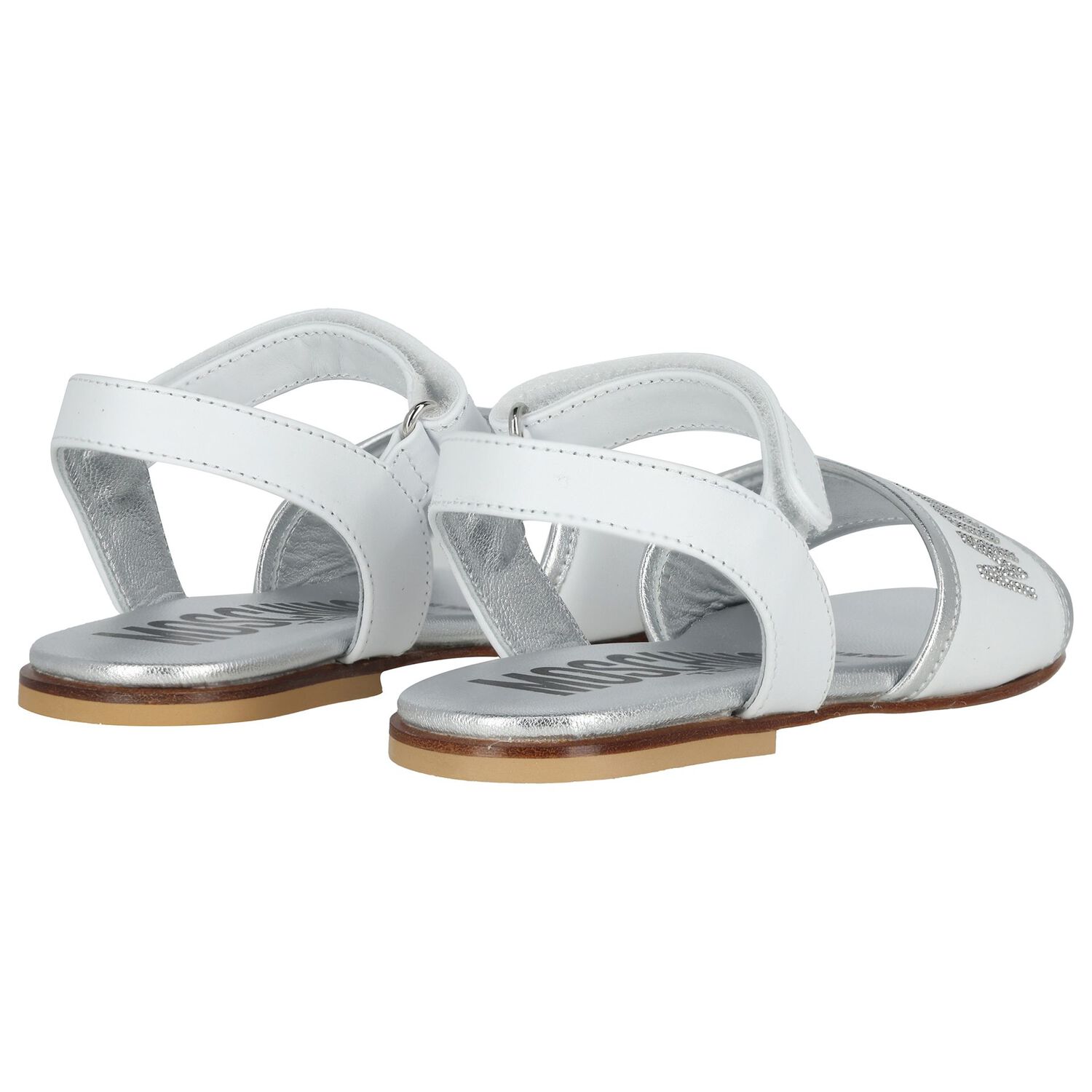 Girls White & Silver Leather Logo Sandals , 1, hi-res