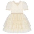 Girls Ivory & Gold Tiered Organza & Tulle Dress, 1, hi-res