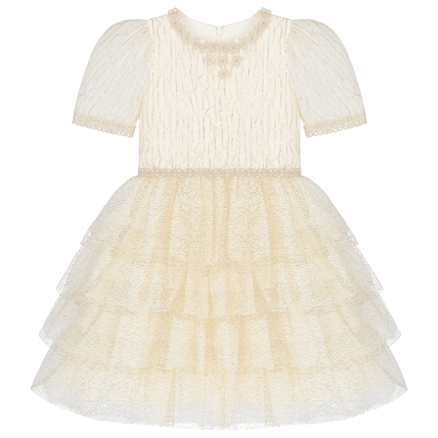 Girls Ivory & Gold Tiered Organza & Tulle Dress, 1, hi-res image number null