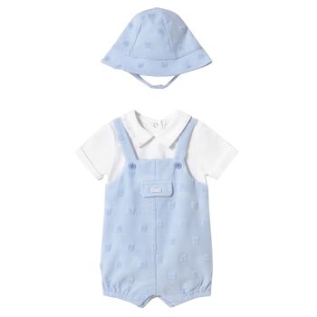 Baby Boys Blue & White Dungaree & Hat Set