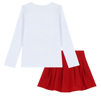 Girls White & Red Teddy Bear Print Skirt Set