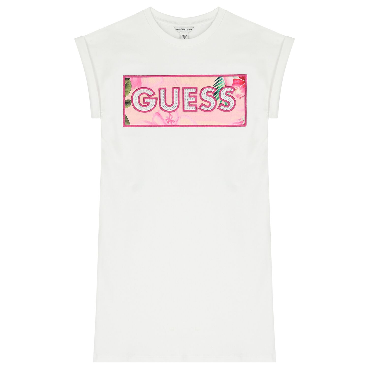 Girls White Rhinestones Logo Dress, 1, hi-res