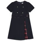 Girls Navy Blue Tartan Dress, 1, hi-res