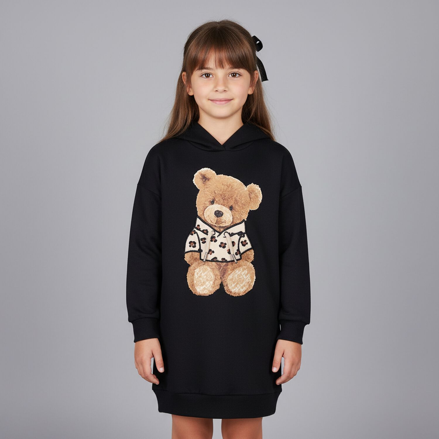 Girls Black Fleece Hooded Dress, 1, hi-res image number null