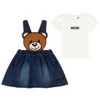 Younger Girls White & Blue Teddy Bear Skirt Set, 1, hi-res