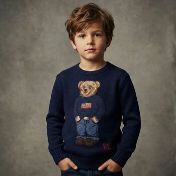 Boys Navy Blue Polo Bear Logo Knitted Sweatshirt