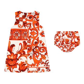 Baby Girls White & Orange Majolica Dress Set