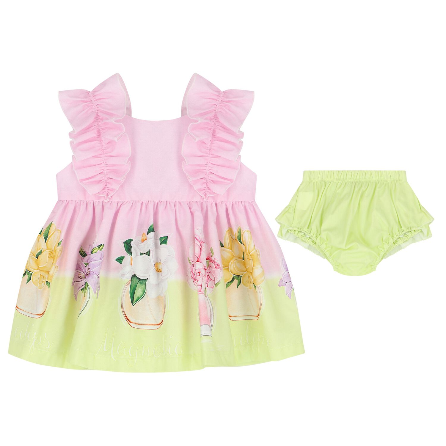 Baby Gilrs Pink & Green Ruffled Floral Dress Set, 1, hi-res