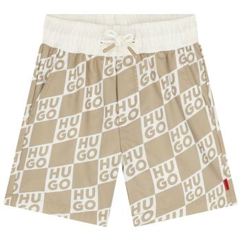 Boys Beige & White Check Logo Swim Shorts