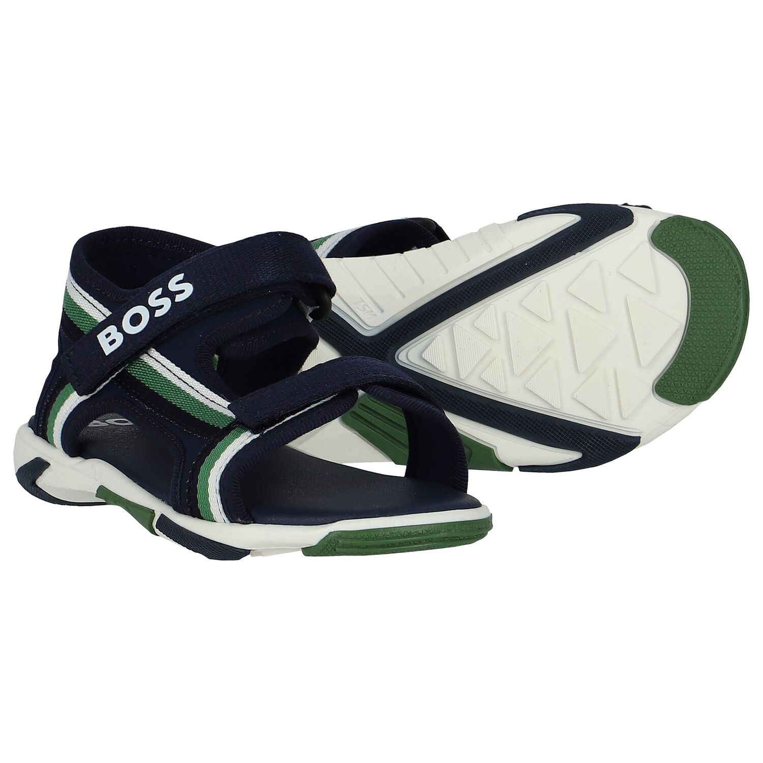 Boys White, Green & Navy Blue Logo Sandals, 2, hi-res image number null