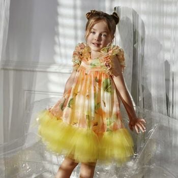 Girls Yellow & Orange Floral Tulle Dress