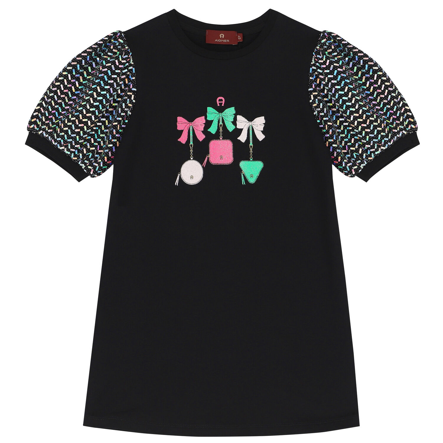 فستان بالشعار باللون الأسود , 1, hi-res