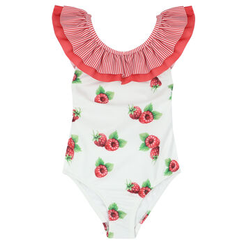 Girls White & Red Raspberries Swimsuit