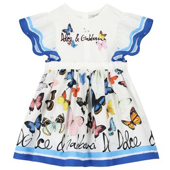 Girls White & Blue Poplin Butterfly Print Dress