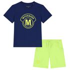 Boys Navy Blue & Green Logo Shorts Set, 1, hi-res