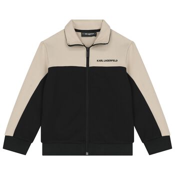 Boys Beige & Black Logo Zip Up Top