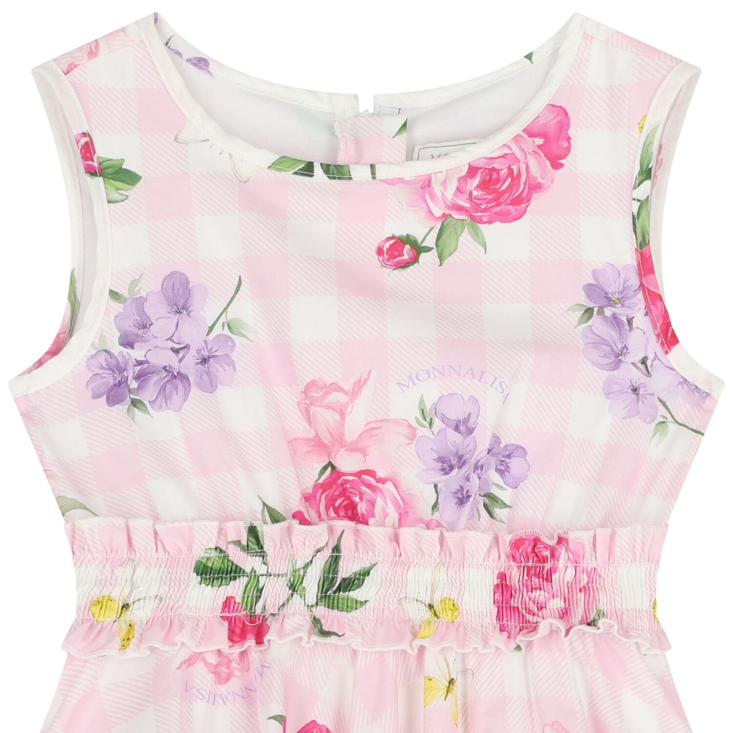 Girls Pink & White Floral Gingham Dress, 2, hi-res