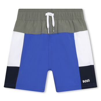 Boys Blue, White & Khaki Logo Swim Shorts