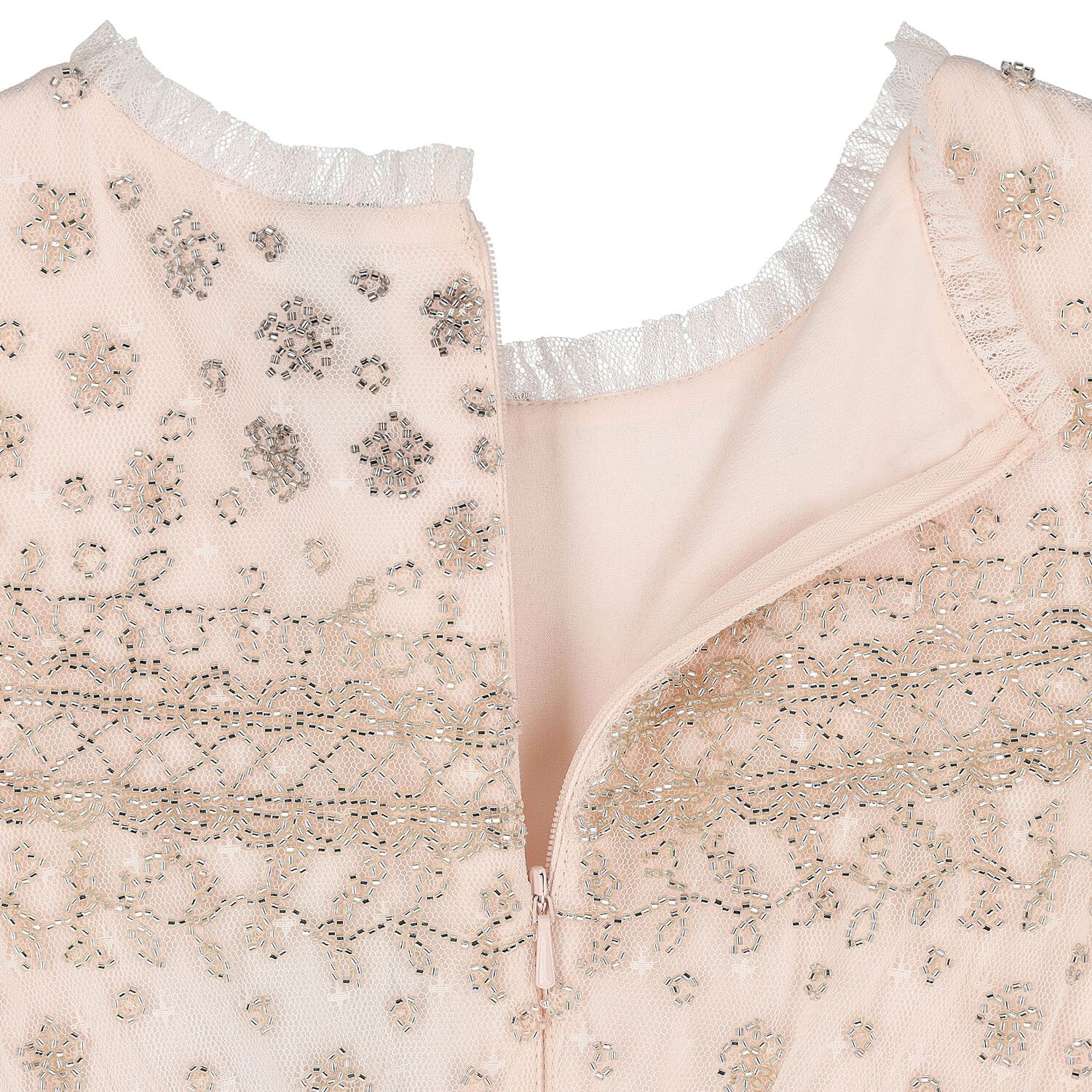Girls Pink Beaded Ruffle Tulle Dress, 1, hi-res