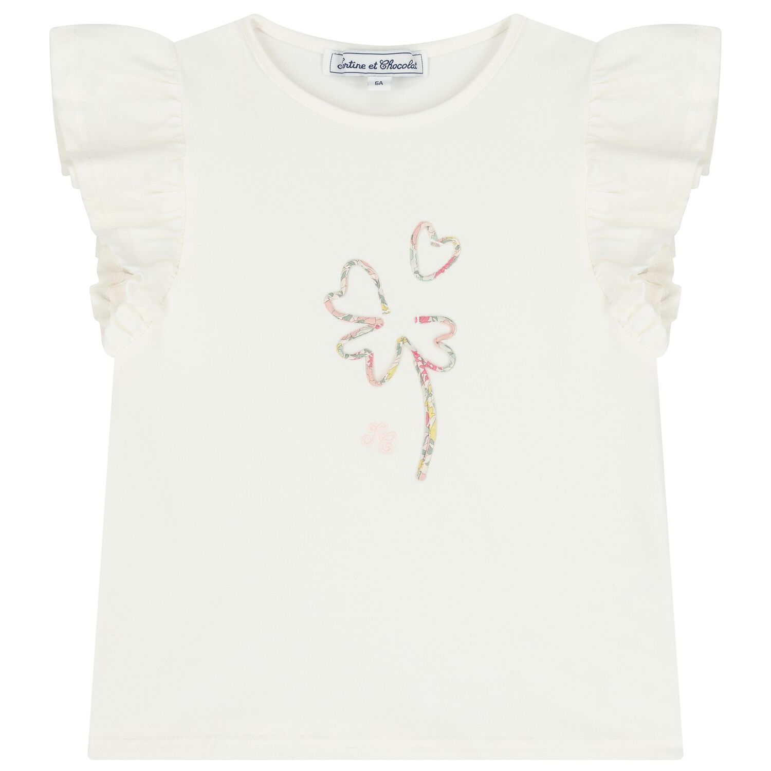 بلوزة بناتي باللون العاجي مزينة بكشكشة و زهور, 1, hi-res