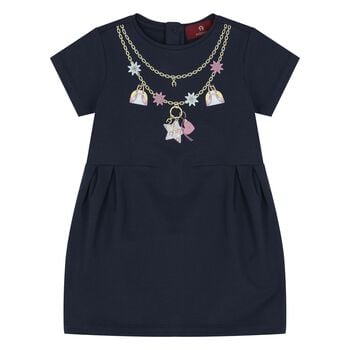 Younger Girls Navy Blue Necklace Logo Dress 