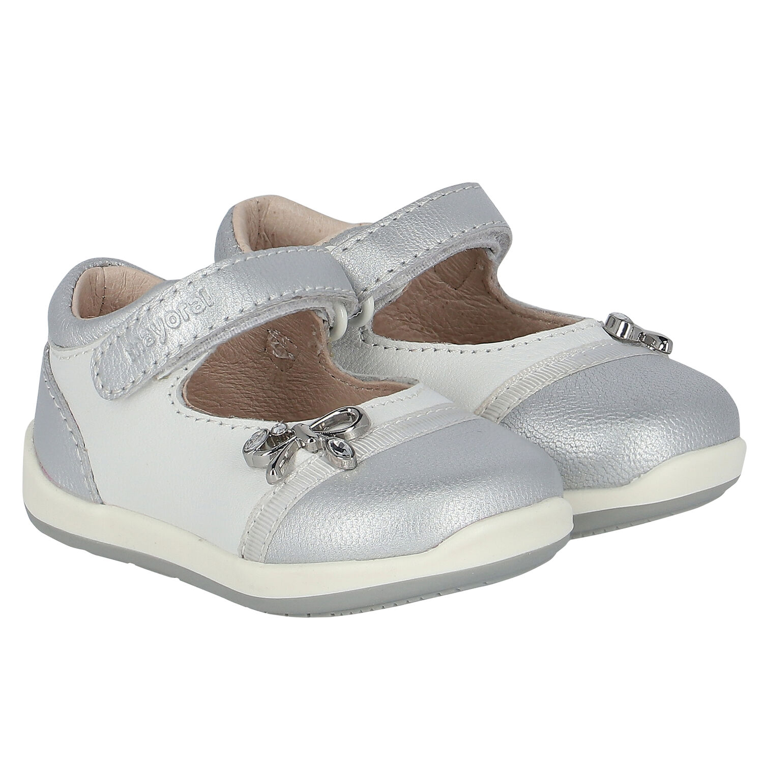 Younger Girls White & Silver Leather Shoes, 1, hi-res image number null