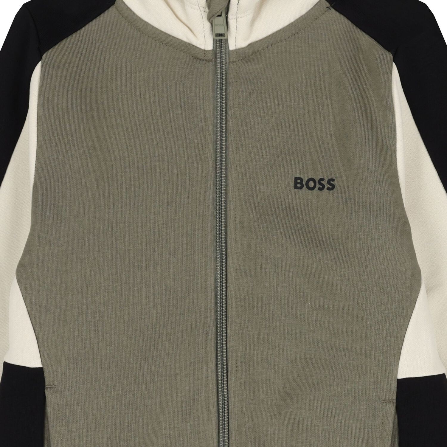 Boys Green, Black & Ivory Logo Hooded Zip Up Top, 3, hi-res