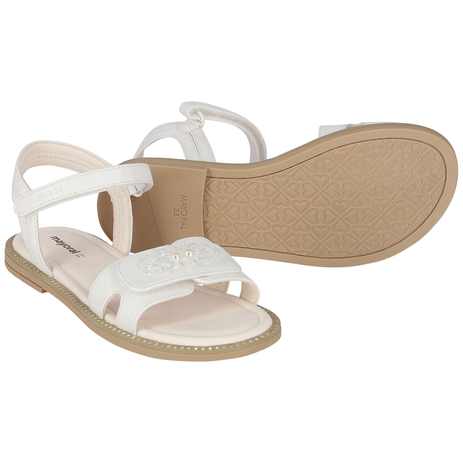 Girls White Crystal & Pearl Embellished Sandals, 1, hi-res