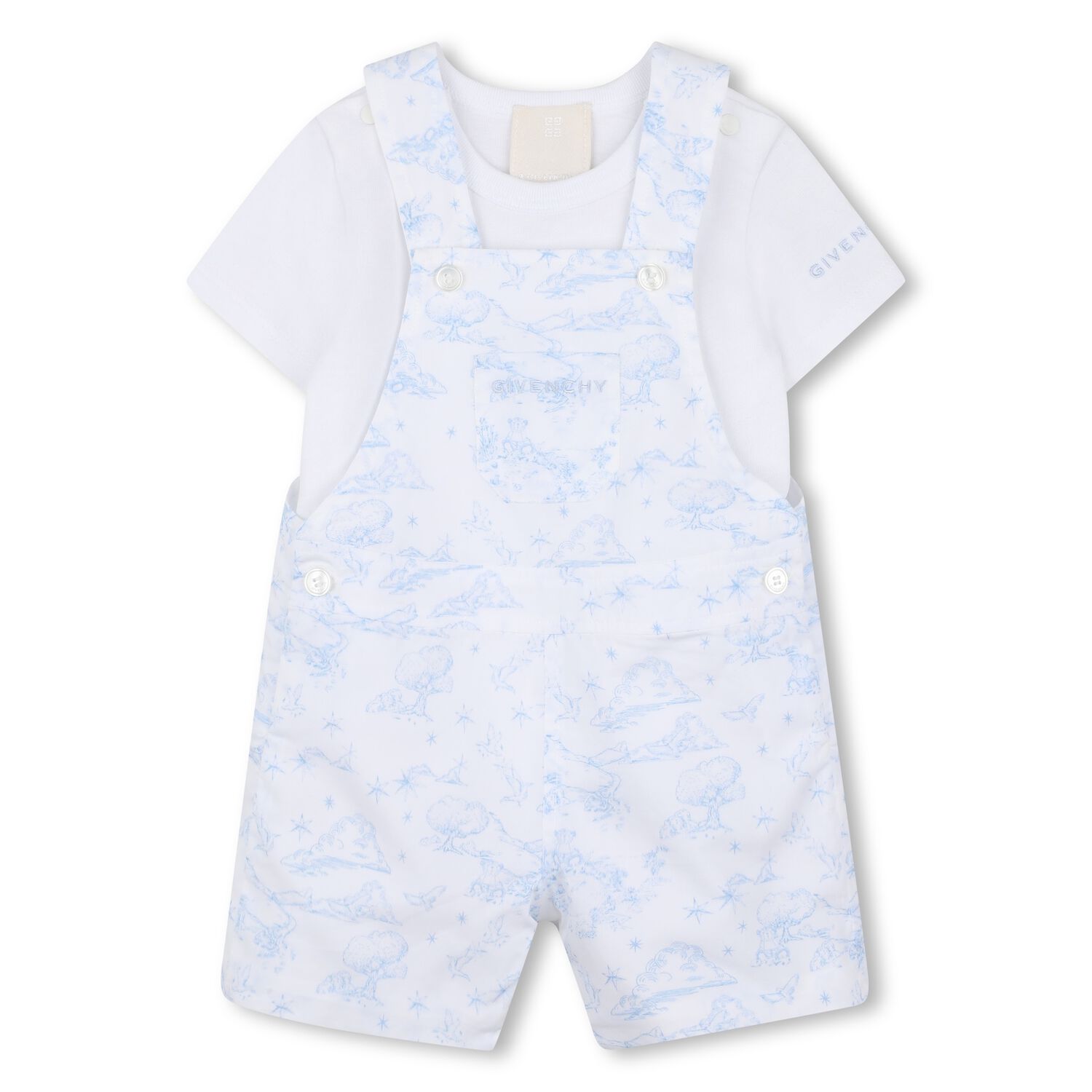 Baby Boys White & Blue Toile de Jouy Dungaree Set, 1, hi-res
