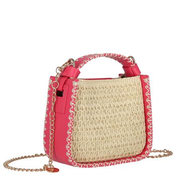 Girls Beige & Pink Straw Handbag