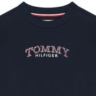 فستان سويت شيرت للبنات بالشعار مزين بالزهور باللون الكحلى , 1, hi-res