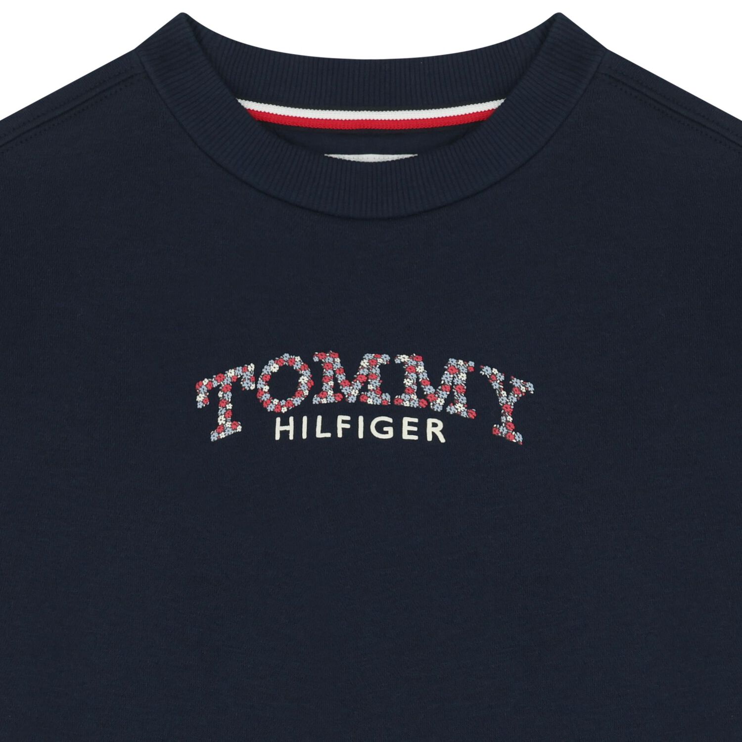 فستان سويت شيرت للبنات بالشعار مزين بالزهور باللون الكحلى , 1, hi-res