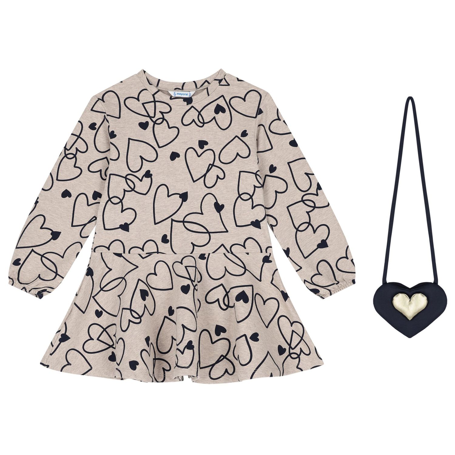 Girls Beige Heart Dress Set, 3, hi-res