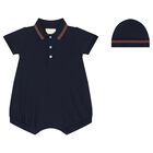 Baby Boys Navy Blue Web Stripe Romper & Hat Set, 1, hi-res