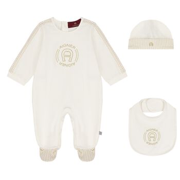 Ivory Logo Babygrow Hat & Bib Gift Set
