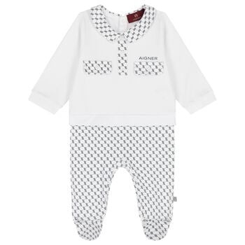 Baby Boys White & Navy Blue Logo Babygrow