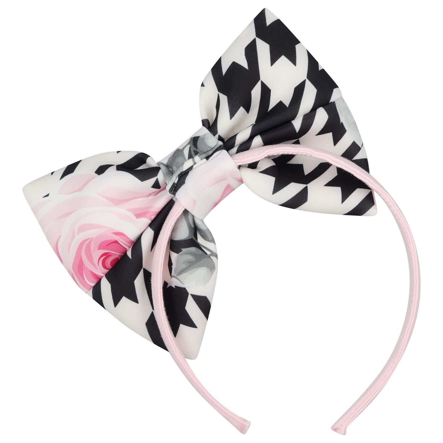 Girls Pink, Black & White Bow Houndstooth Headband, 1, hi-res