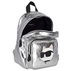 Girls Metallic Silver Logo Backpack, 1, hi-res