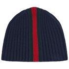 Navy Blue Web Striped Knitted Baby Hat, 1, hi-res