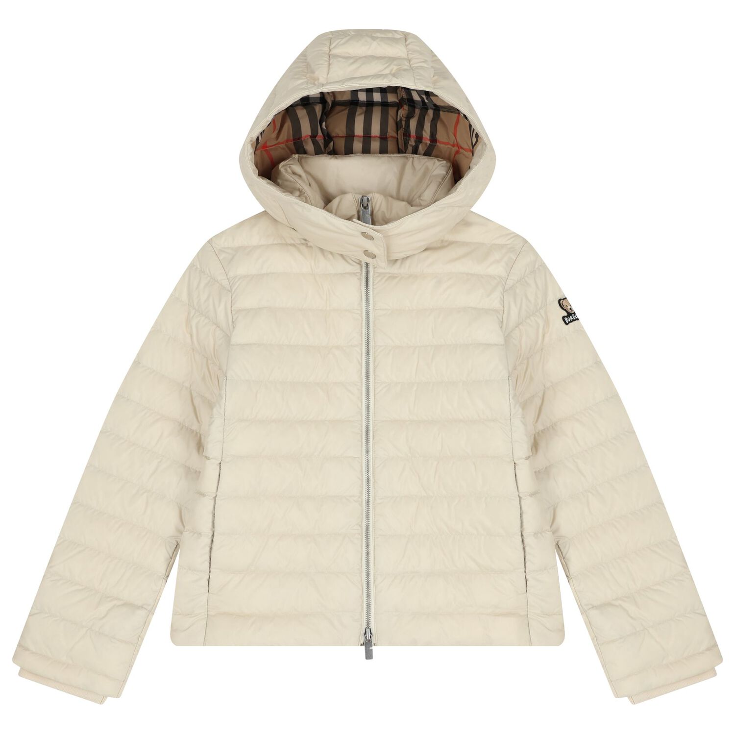 جاكيت منفوخ بغطاء رأس للبنات باللون البيج, 1, hi-res