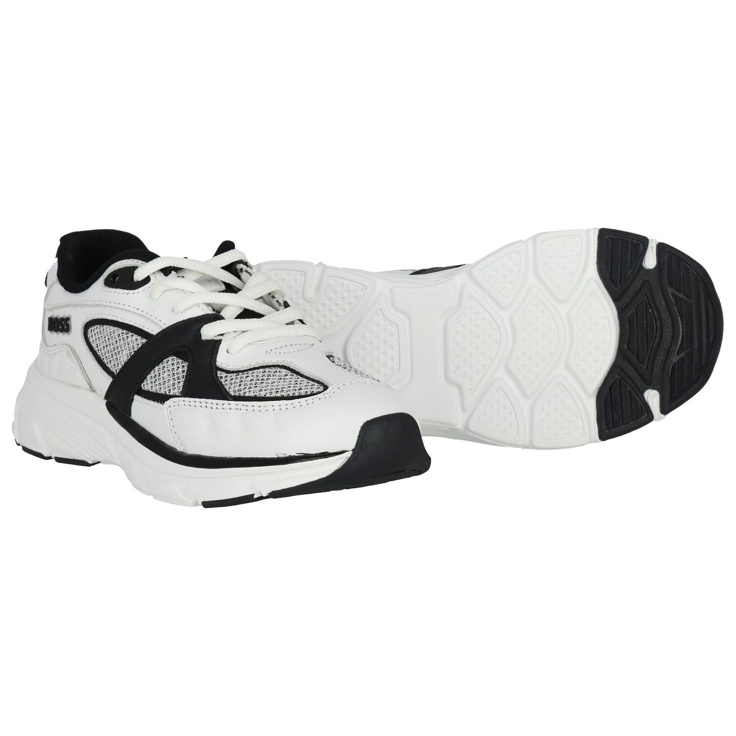 Boys White & Black Logo Leather Trainers, 1, hi-res