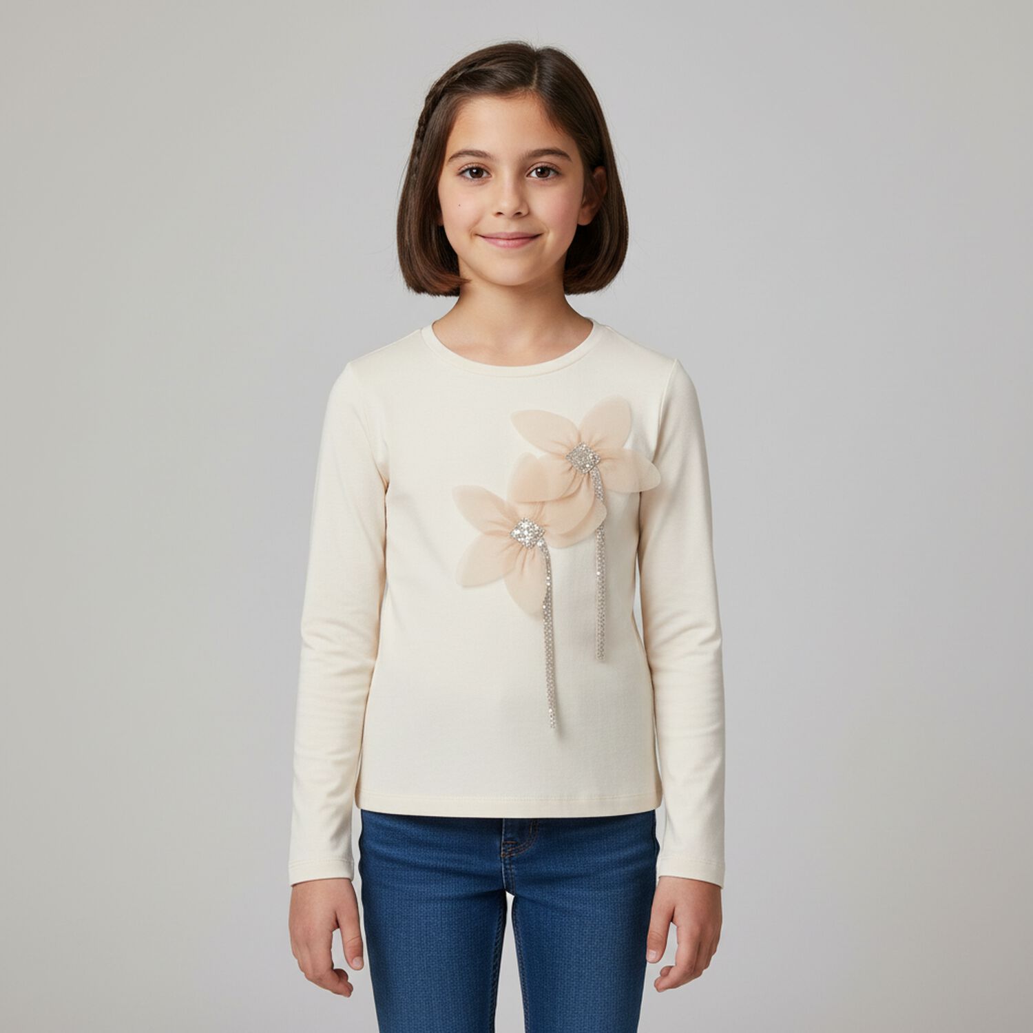 Girls Beige Flower Long Sleeve Top, 1, hi-res